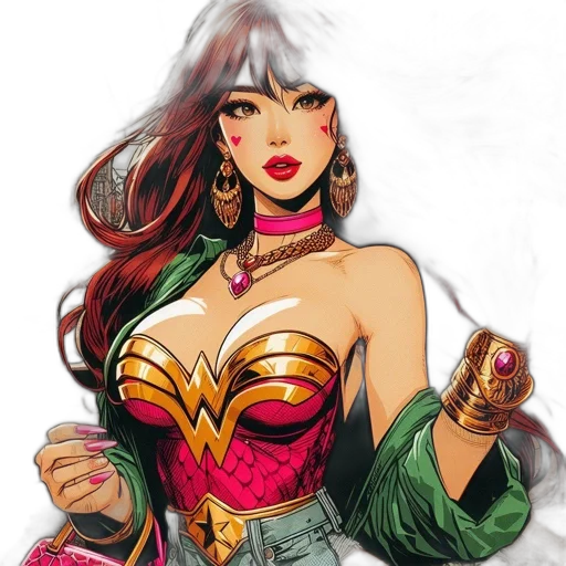 jewelry, comic book art, fantasy art, concept art, cartoon, red, female, animated transparent PNG cut-out
