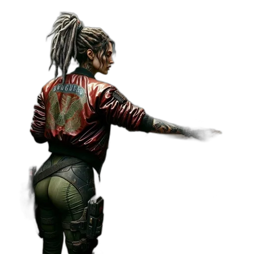 jacket, staff, weapon, concept art, cyberpunk, fantasy art, photorealistic, woman transparent PNG cut-out