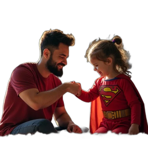 happy, family, playing, superhero, outfit, father, children, daughter transparent PNG cut-out