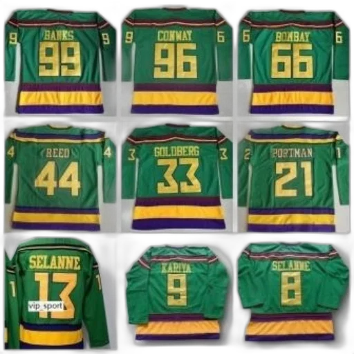 collage, nine, hockey, jerseys, green, yellow, purple, accents transparent PNG cut-out
