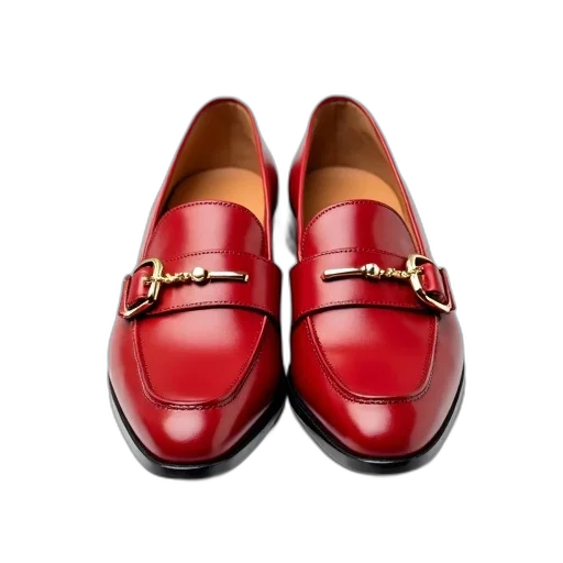 shoes, red, pair, leather, loafers, gold, buckles, displayed transparent PNG cut-out