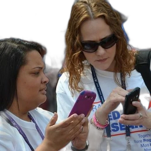 staff, two, women, white, shirts, lanyards, looking, their transparent PNG cut-out