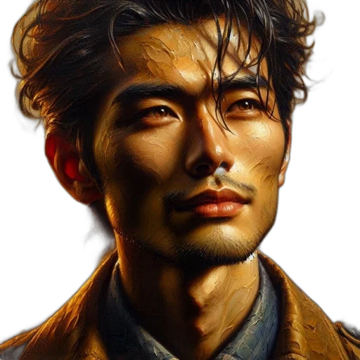 face, jacket, photorealistic, oil painting, concept art, comic book art, golden, dark transparent PNG cut-out