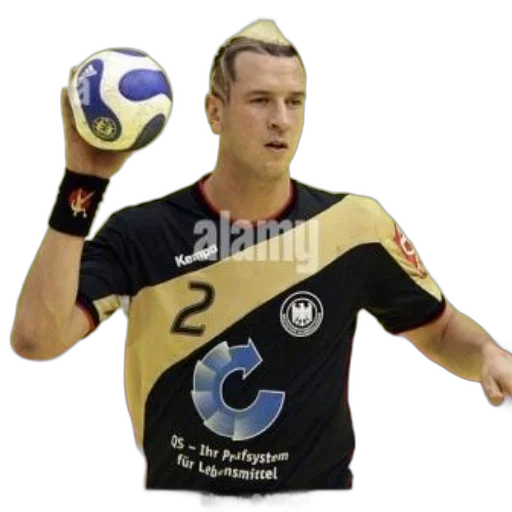 german, handball, player, wearing, black, gold, uniform, holds transparent PNG cut-out