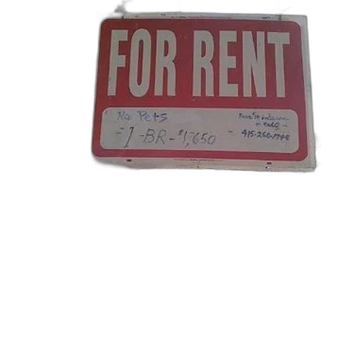 furniture, staff, red, sign, says, rent, white, background transparent PNG cut-out