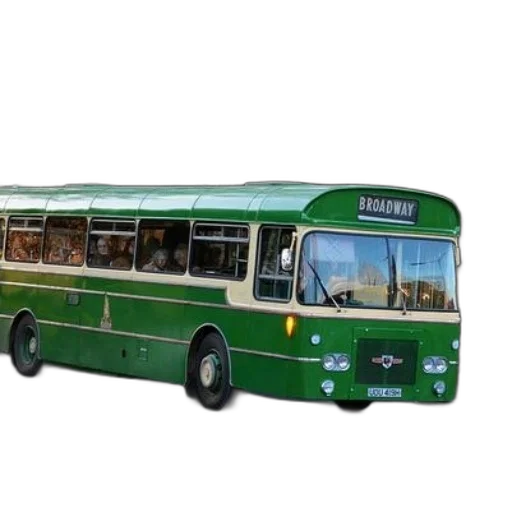 3d render, photorealistic, green, vintage, bus, destination, broadway, front transparent PNG cut-out