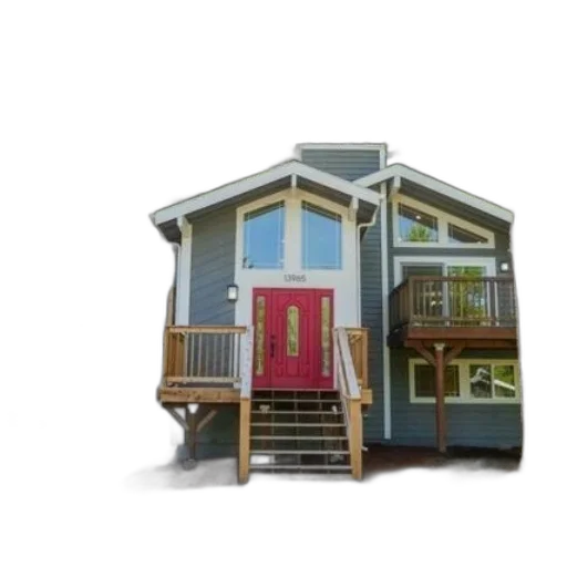 building, 3d render, modern, two-story, house, red, door, surrounded transparent PNG cut-out
