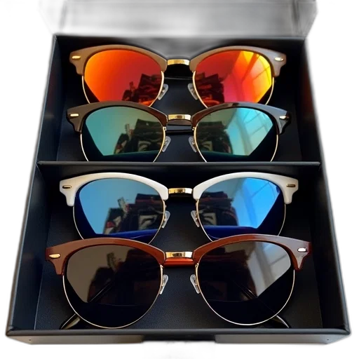 dark, collection, sunglasses, displayed, black, case, arranged, two transparent PNG cut-out