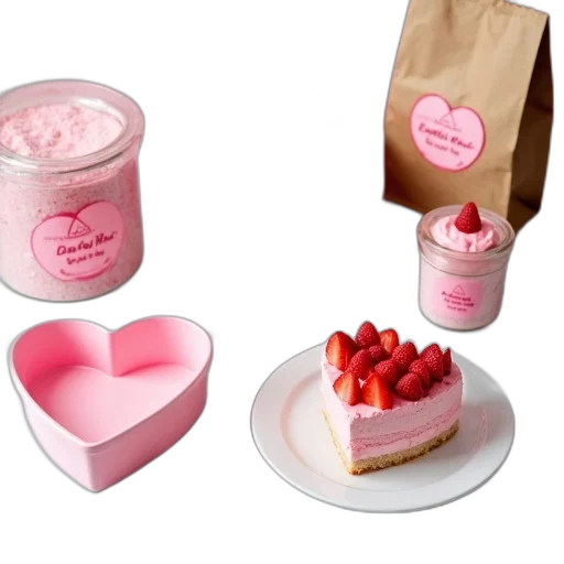 food, 3d render, pink, heart-shaped, cake, baking, kit, clear transparent PNG cut-out