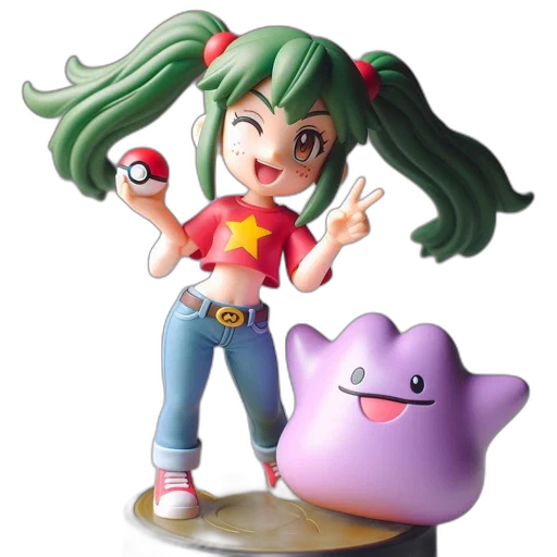 staff, 3d render, concept art, figurine, young, girl, green, pigtails transparent PNG cut-out