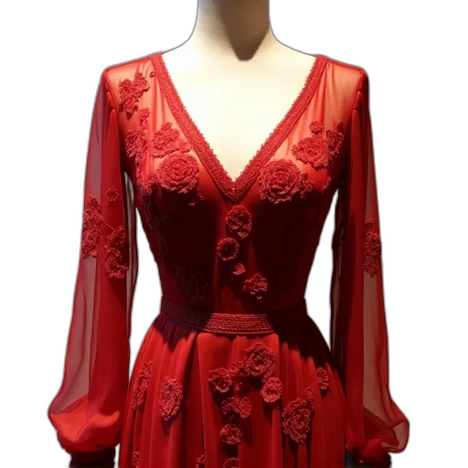 dress, red, floral, pattern, sheer, overlay, displayed, mannequin transparent PNG cut-out