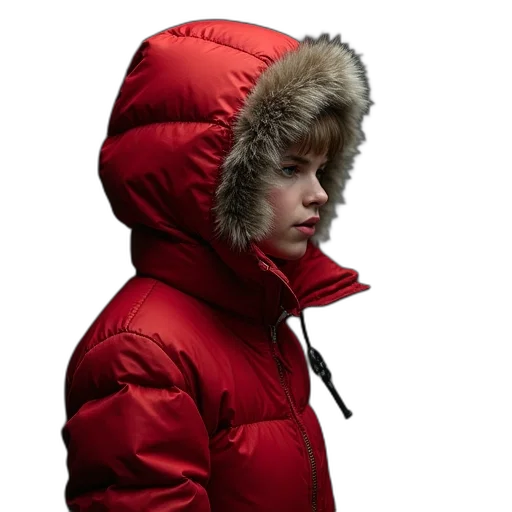jacket, hat, face, photorealistic, red, eller, padded, hooded transparent PNG cut-out