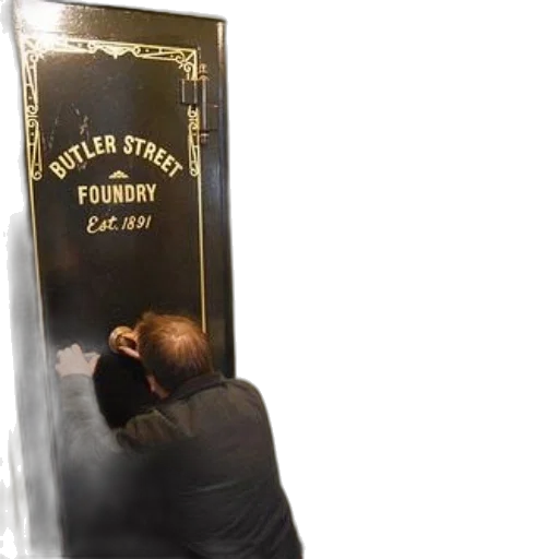 man, black, shirt, looking, door, gold, lettering, reads transparent PNG cut-out
