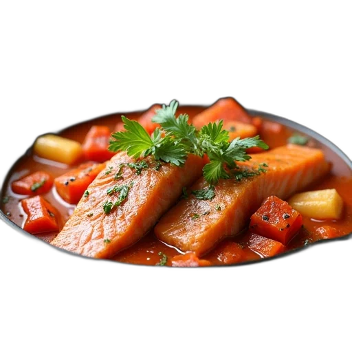 food, photorealistic, 3d render, ingredients, fish, stew, frying, pan transparent PNG cut-out
