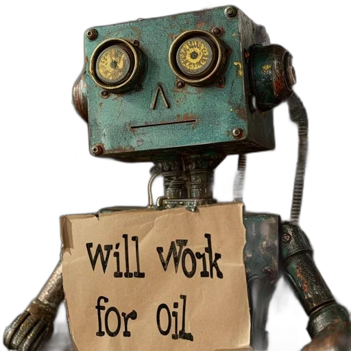 robot, staff, cyberpunk, concept art, vintage-looking, rustic, holds, sign transparent PNG cut-out