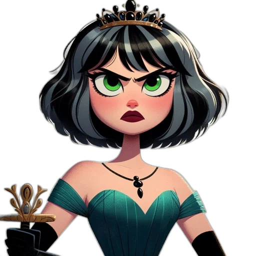 crown, dress, staff, concept art, fantasy art, cartoon, comic book art, green transparent PNG cut-out