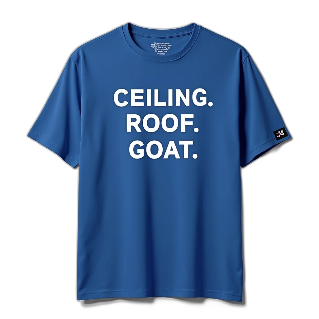 blue, t-shirt, phrase, ceiling, roof, goat, printed, text transparent PNG cut-out