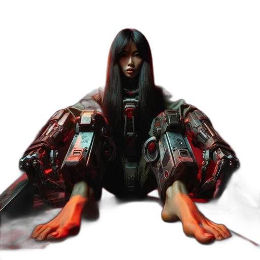 robot, weapon, staff, cyberpunk, concept art, pixel art, 3d render, red transparent PNG cut-out