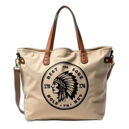 earth tones, beige, canvas, tote, bag, circular, emblem, featuring transparent PNG cut-out