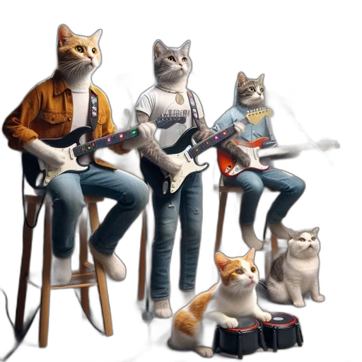 concept art, photorealistic, 3d render, fantasy art, four, anthropomorphic, cats, pose transparent PNG cut-out