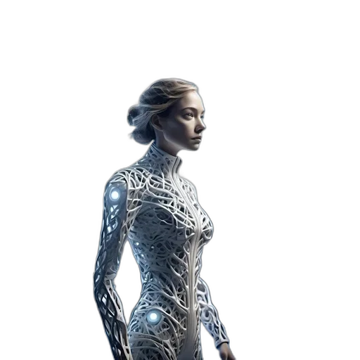 dress, robot, sword, concept art, fantasy art, 3d render, comic book art, blue transparent PNG cut-out