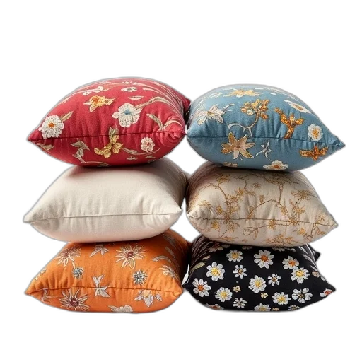 collection, six, square, pillows, different, patterns, colors, displayed transparent PNG cut-out