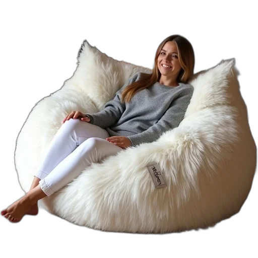 furniture, jacket, woman, lying, large, fluffy, white, bean transparent PNG cut-out