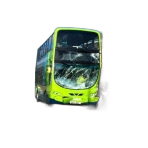3d render, photorealistic, concept art, green, double-decker, bus, damaged, windshield transparent PNG cut-out