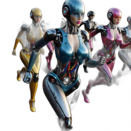 robot, concept art, cyberpunk, 3d render, colorful, group, humanoid, robots transparent PNG cut-out