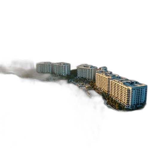 building, 3d render, concept art, photorealistic, fog, city street, aerial, view transparent PNG cut-out