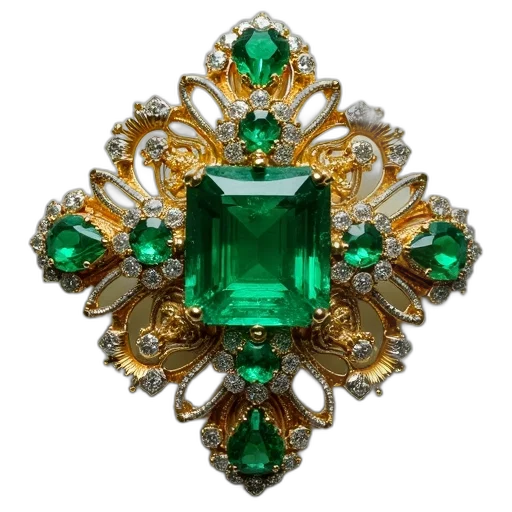 jewelry, crown, green, large, ornate, emerald, brooch, intricate transparent PNG cut-out