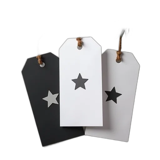3d render, black, white, grey, paper, gift, tags, star transparent PNG cut-out