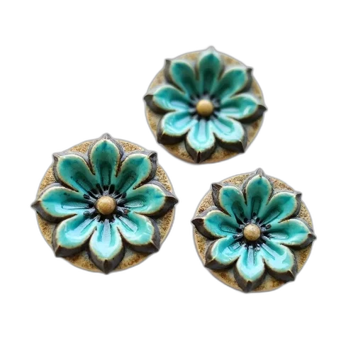 jewelry, blue, set, three, ceramic, buttons, floral, design transparent PNG cut-out