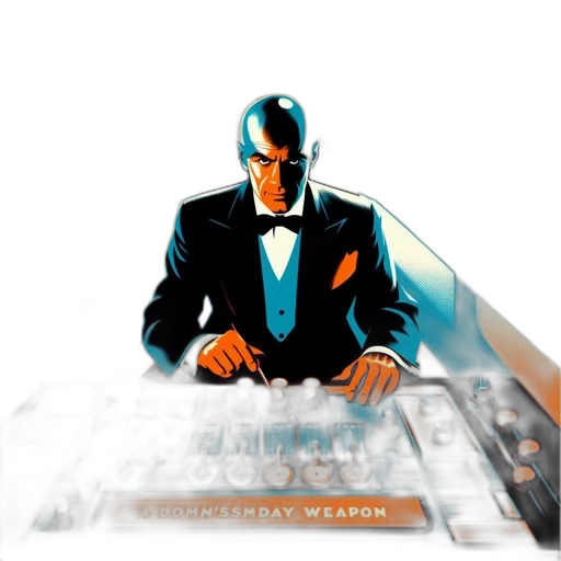 comic book art, concept art, cyberpunk, cartoon, bald, man, suit, sits transparent PNG cut-out