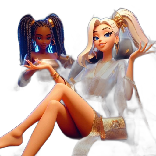 concept art, fantasy art, 3d render, anime, neon lights, two, animated, characters transparent PNG cut-out