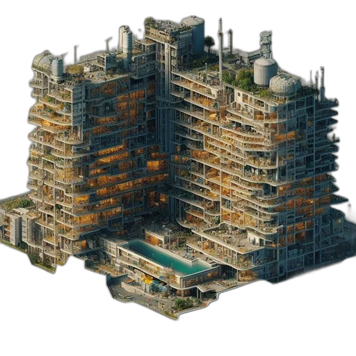 building, concept art, 3d render, cyberpunk, pixel art, expansive, multilevel, futuristic transparent PNG cut-out