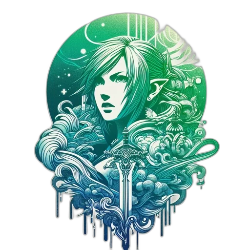 sword, face, fantasy art, concept art, cyberpunk, pixel art, forest, green transparent PNG cut-out