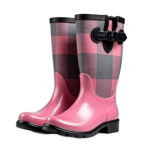 shoes, pair, pink, grey, plaid, rain, boots, black transparent PNG cut-out