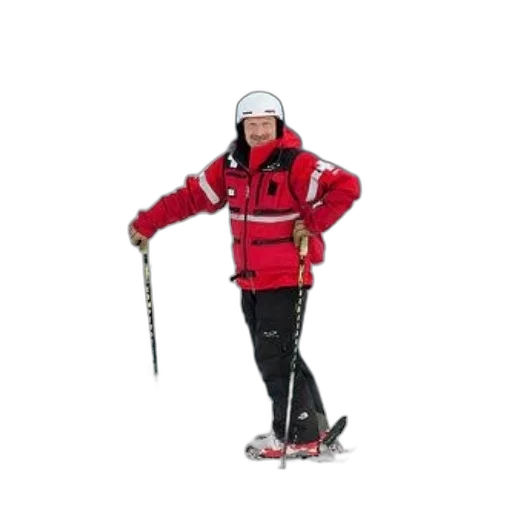 jacket, staff, skier, red, white, helmet, stands, snowy transparent PNG cut-out