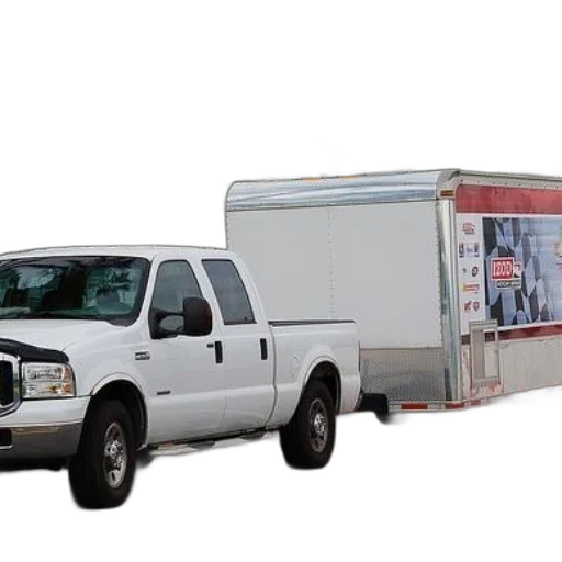 white, pickup, truck, towing, trailer, racing, theme, parked transparent PNG cut-out