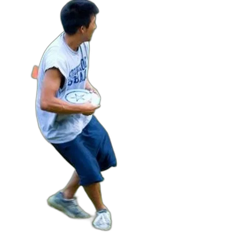 3d render, photorealistic, man, gray, shirt, blue, shorts, holding transparent PNG cut-out