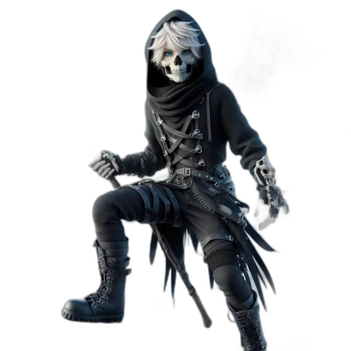 mask, creature, staff, jacket, concept art, fantasy art, 3d render, dark transparent PNG cut-out