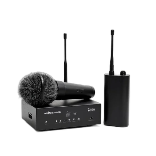 black, wireless, microphone, furry, windscreen, remote, control, placed transparent PNG cut-out