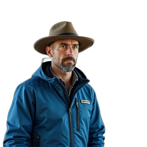 jacket, hat, staff, animal, man, blue, brown, cap transparent PNG cut-out