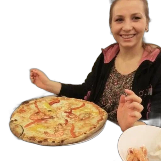 food, woman, enjoys, seafood, pizza, restaurant, rustic, brick transparent PNG cut-out