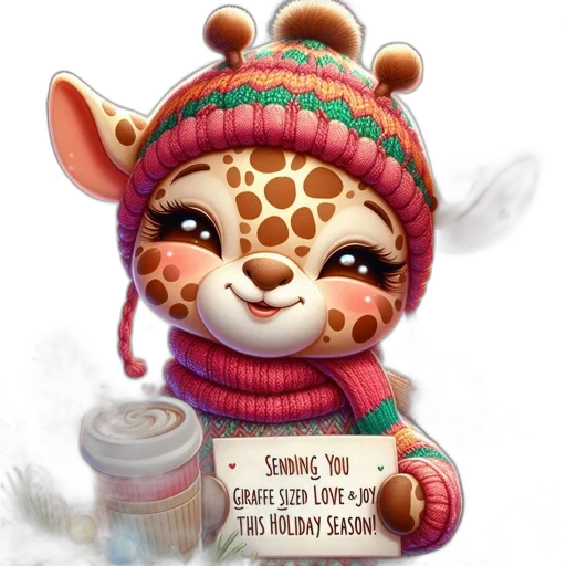 3d render, concept art, photorealistic, fantasy art, festive, knitted-hat-wearing, giraffe, surrounded transparent PNG cut-out