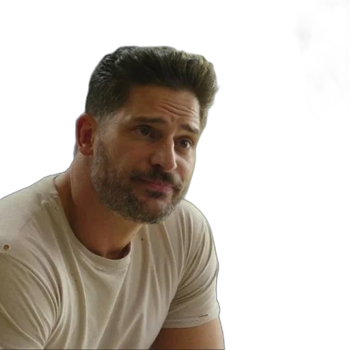 man, short, hair, beard, wearing, white, t-shirt, seated transparent PNG cut-out