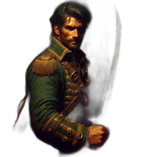 staff, jacket, face, sword, concept art, fantasy art, photorealistic, oil painting transparent PNG cut-out