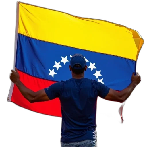 man, holding, large, colorful, venezuelan, flag, black, border transparent PNG cut-out