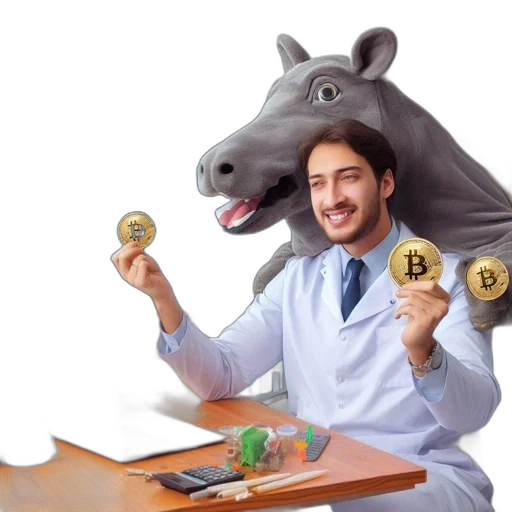 concept art, cartoon, man, lab, coat, holds, btc, coins transparent PNG cut-out